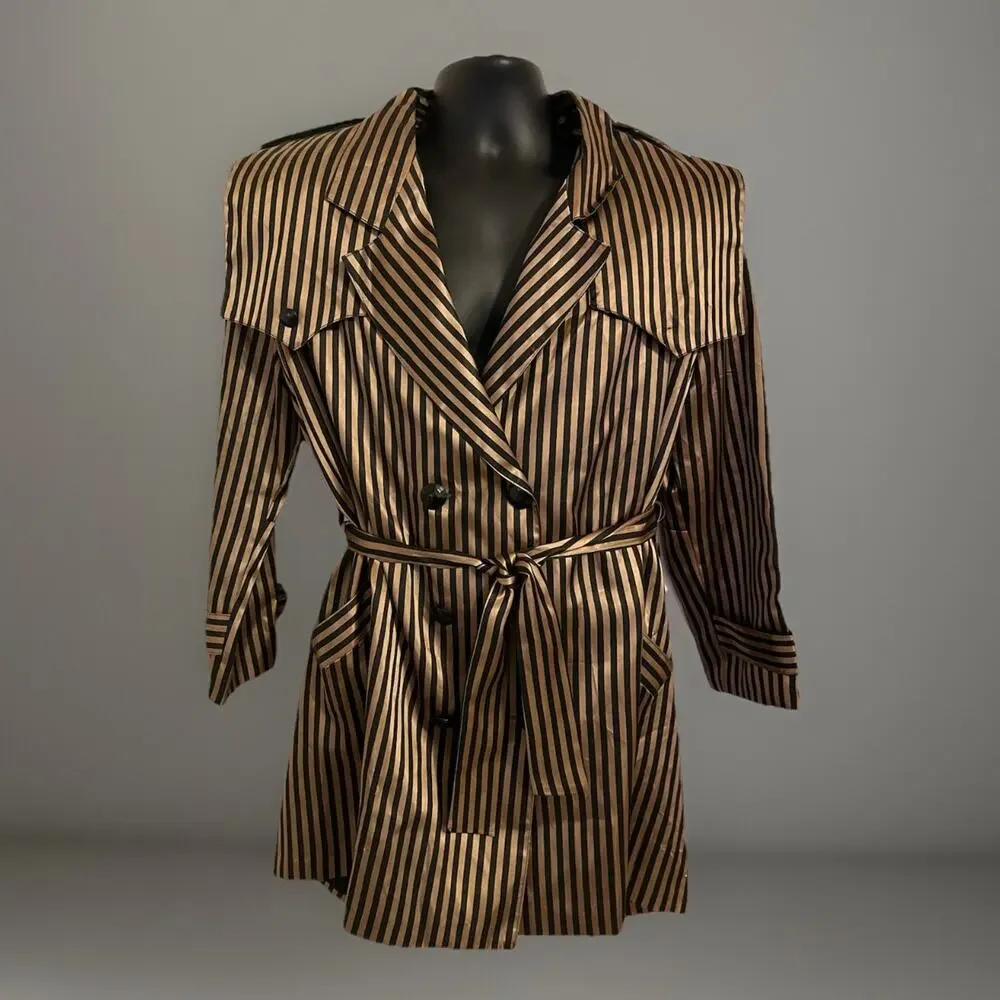 VTG 90s Cache Blazer Jacket Black Gold Striped Belted Satin Finish Mod Disco S/M